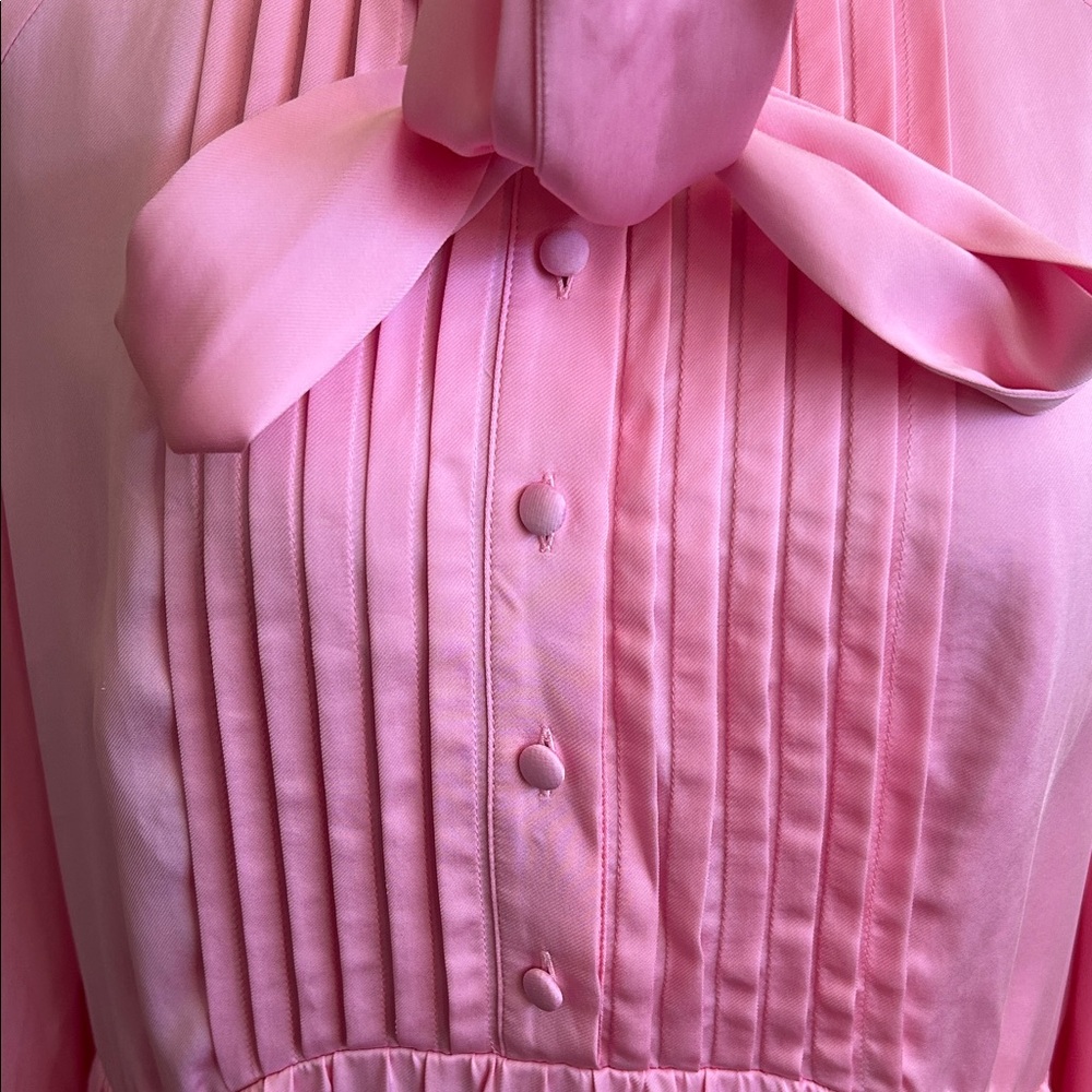 Self-Portrait Satin Viscose Puff-Sleeve Bow-Neck Mini Dress Bubblegum Pink Sz 8 - Picture 10 of 16